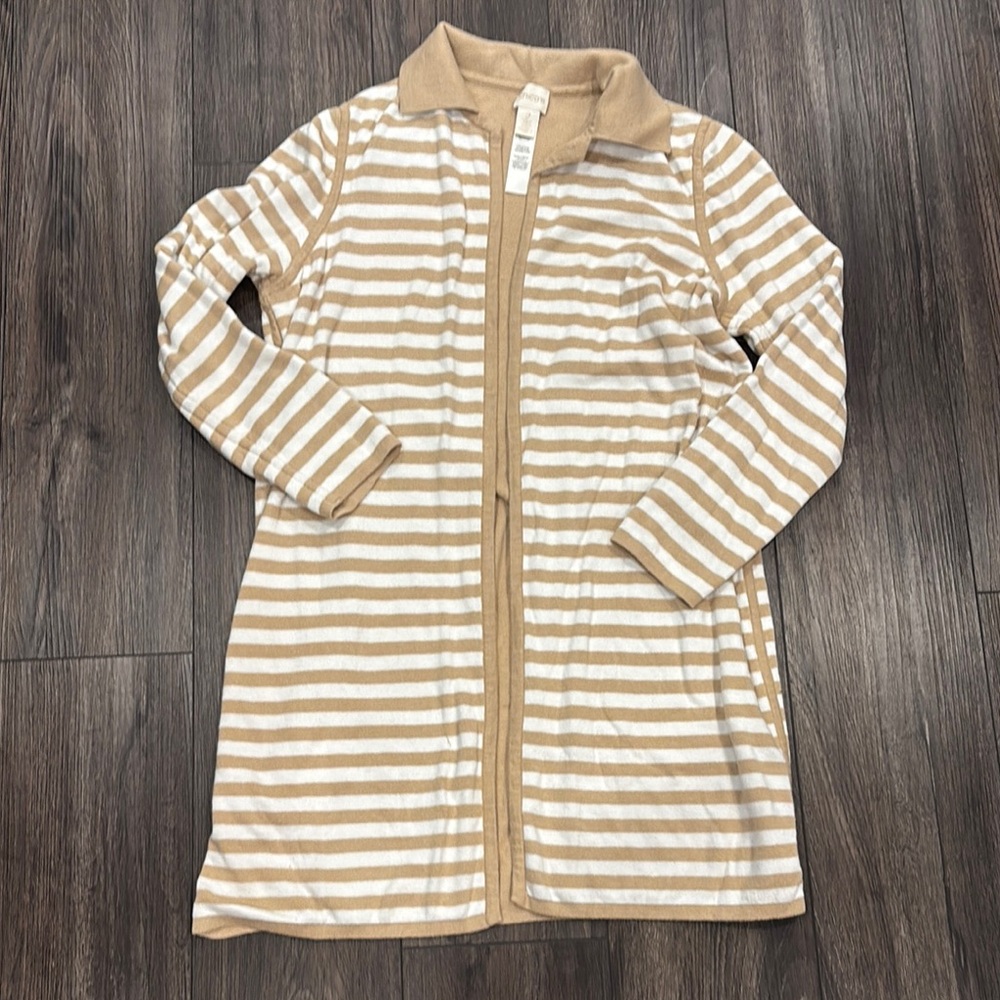 Chico's Tan and White Striped Cardigan